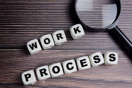 The word Work process on stacked wooden cubes on the table. Business and finance concept