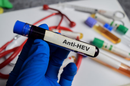 Anti-HEV vaccination drug in blue gloved hands. Medical conceptの写真素材