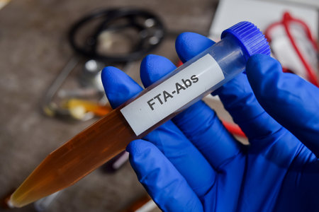 FTA-Abs vaccination drug in blue gloved hands. Medical conceptの写真素材