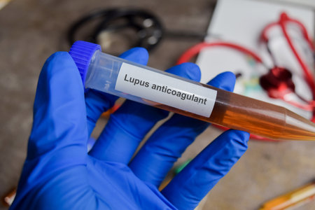 Lupus anticoagulant vaccination drug in blue gloved hands. Medical conceptの写真素材
