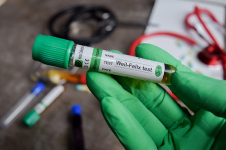 Weil-felix test vaccination drug in green gloved hands. Medical conceptの写真素材