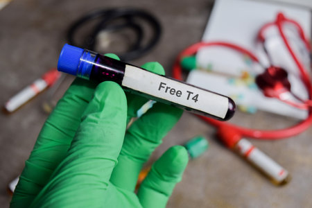 Free T4 vaccination drug in green gloved hands. Medical conceptの写真素材