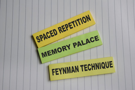 Concept of 3 main memory techniques. Spaces repetition, memory palace, feynman techniques write on sticky notes isolated on Wooden Table.の写真素材