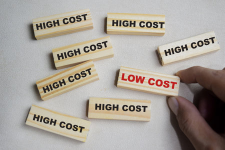 Two words low cost or high cost. Choose low cost on stacked wooden cubes on the table. Business and finance conceptの写真素材