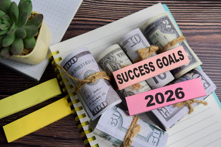 Concept of success goals 2026 write on sticky notes isolated on Wooden Table.