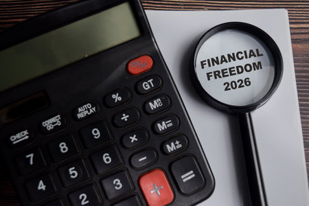 Concept of financial freedom write on book with keywords isolated on Wooden Table.の写真素材