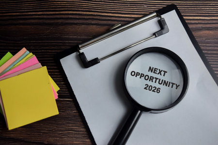 Concept of Next opportunity 2026 write on clipboard isolated on Wooden Table.の写真素材