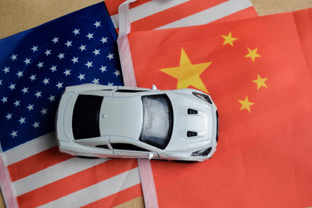 United states of America and China trade war tariffs as two opposing container cargo and commercialの写真素材