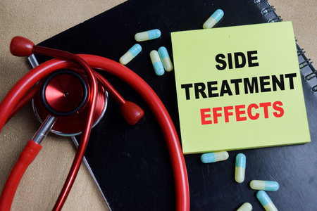 Concept of side treatment effects write on sticky notes isolated on Wooden Table.
