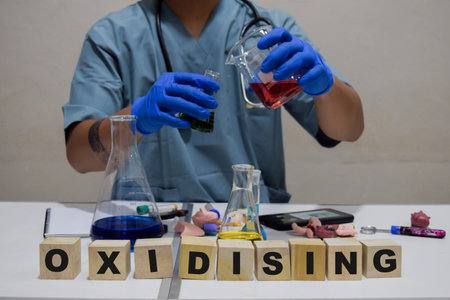 A healthcare professional handles oxidizing with caution in a lab. scientific research concept