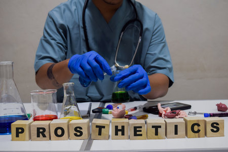 A healthcare professional analyzing a detailed prosthetics in a lab. scientific research conceptの写真素材