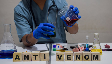 A healthcare professional preparing antivenom for snake bite treatment in a lab. scientific research...