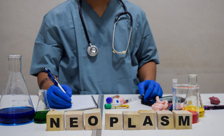 A healthcare professional meticulously analyzes medical with neoplasm diagnosis. scientific research conceptの写真素材