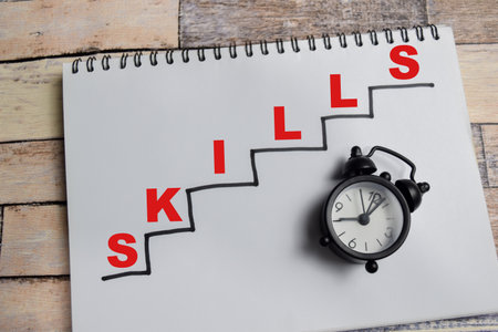 Concept of Skills update write on book with keywords isolated on Wooden Table.の写真素材