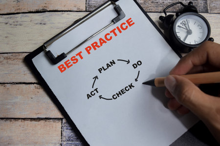 Concept of best practice with keywords write on clipboard isolated on Wooden Table.の写真素材