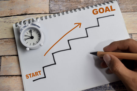 Concept of start into goal write on book with keywords isolated on Wooden Table.の写真素材