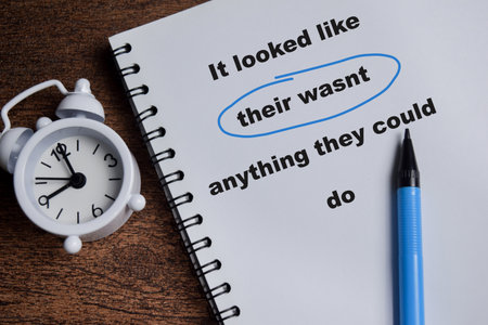 Concept of spell check write on book isolated on Wooden Table.の写真素材
