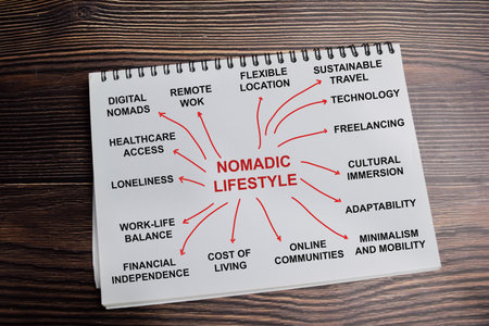 Concept of mind map nomadic lifestyle write on book with keywords isolated on Wooden Table.