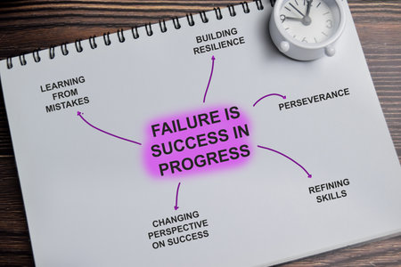 Concept of mind map. Failure is success in progress write on book with keywords isolated on Wooden Table.の写真素材