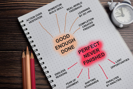 Concept of mind map. Good enough done - perfect never finished write on book with keywords isolated on Wooden Table.の写真素材