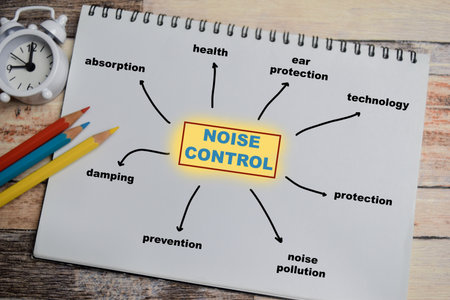 Concept of mind map noise control write on book with keywords isolated on Wooden Table.