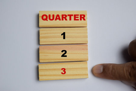 3 symbol stacked wooden cubes on the table. Business and finance conceptの写真素材