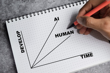 Concept of graph rapid AI development and slower human growth over time write on book isolated on Wooden Table.の写真素材