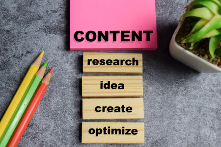 Concept of content development write on sticky notes with keywords isolated on Wooden Table.の写真素材