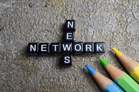 Concept of network words arranged with on wooden letter blocks.の写真素材