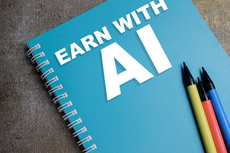 Concept of earn with AI write on book isolated on Wooden Table.