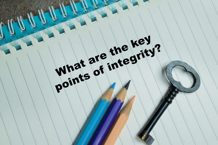 Concept of what are the key points of integrity write on book isolated on Wooden Table.