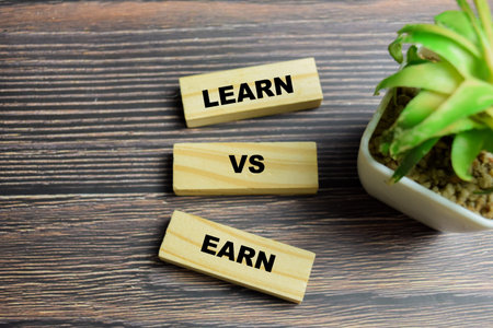 Concept of text learn versus earn on wooden blocks.