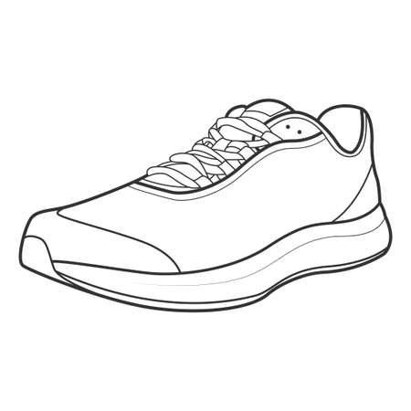 Shoe sneaker outline drawing vector, Sneakers drawn in a sketch style, black line sneaker trainers template outline, vector Illustration.のイラスト素材