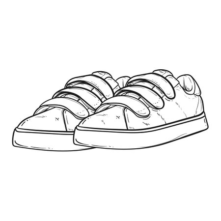Shoes sneaker outline drawing vector, Sneakers drawn in a sketch style, black line sneaker trainers template outline, vector Illustration.のイラスト素材