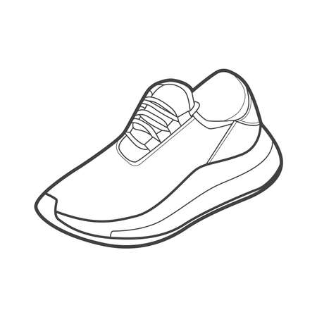 Sneakers. Shoes sneaker outline drawing vector, Sneakers drawn in a sketch style, black line sneaker trainers template outline, vector Illustration.のイラスト素材