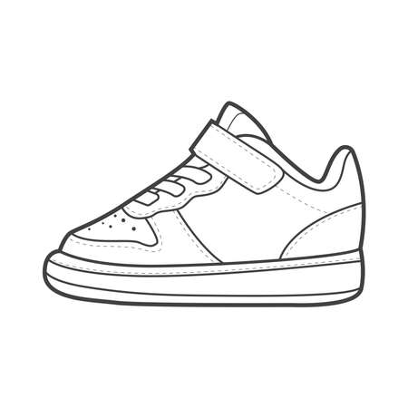 Sneaker. Shoes sneaker outline drawing vector, Sneakers drawn in a sketch style, black line sneaker trainers template outline, vector Illustration.のイラスト素材