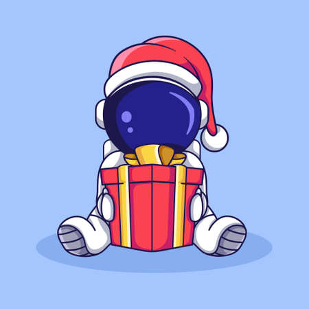 cute astronaut character sitting with christmas gift box. flat cartoon style illustration.のイラスト素材