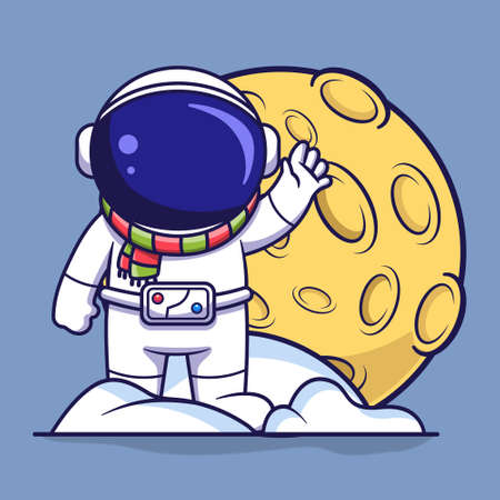 cute astronaut character standing on a pile of snow and moon. flat cartoon style illustrationのイラスト素材