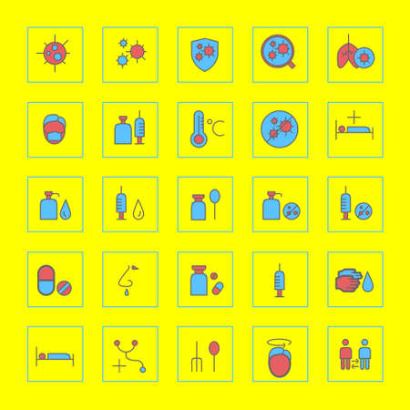 Set of corona virus icon with outline, color and square frame . Influenza and medical icon set. Icon for info graphic, web, sign. editable vector.のイラスト素材