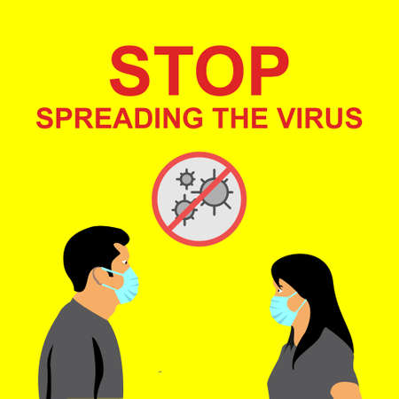 Stop spreading the virus. Prevention of corona virus.Illustration of man and woman using healthy mask Social media template.flat Character design. banner template.のイラスト素材