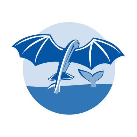 Flying fish and whales's tale illustration. editable vector. Can use for fisher club logo, Shirt, poster or social media.のイラスト素材