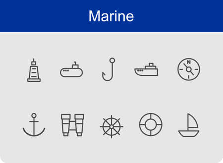 Marine icon set with outline style.Editable vector. Isolated.deck,ship,compass,anchor,submarine,のイラスト素材