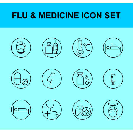 influenza and medicine icon set. Outline style.Flu, fever,cold, Virus, corona, lung, wash, hand, bottle, tablet, vaccine, bed, rest, anti-virus, spread. editable icon.のイラスト素材