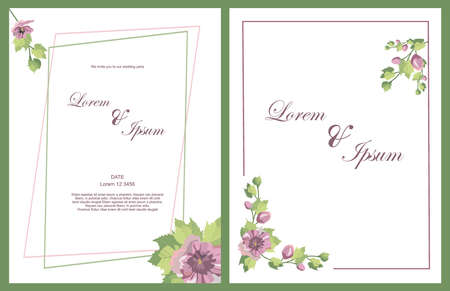 Set of card with flower and leaves for wedding invitation. Lettering . Floral poster, invite. Vector decorative greeting card or invitation design background. watercolor, purple, pink and white backgroundのイラスト素材