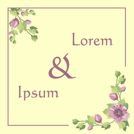 Wedding invitation card template design, pink and purple flowers and leaves with purple frame on pink background, vintage style. Editable vector.のイラスト素材