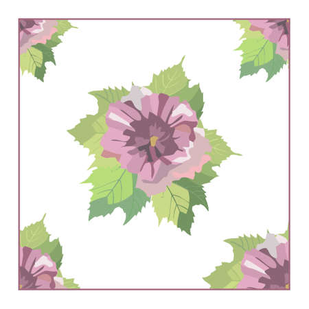Purple flower in square frame. Wedding invitation card template design, pink and purple flowers and leaves with purple frame on pink background, vintage style. Editable vector.のイラスト素材