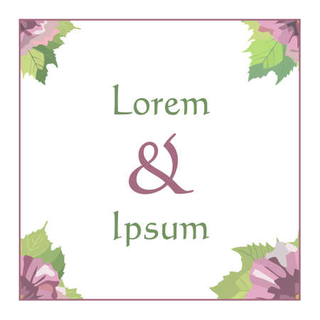 Wedding invitation card template design, pink and purple flowers and leaves with purple frame on white background, vintage style. Editable vector.のイラスト素材