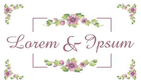 Wedding invitation card template design, pink and purple flowers and leaves with purple frame on white background, vintage style. Editable vector.のイラスト素材