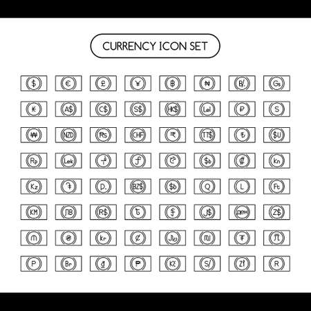 Currency symbol icon with money. Worldwide currency symbol. Main Currency. USD, EUR, JPY, GBP, AUD, CAD, CHF, CNY. money, banks, coins, payments, savings, currency exchange.のイラスト素材