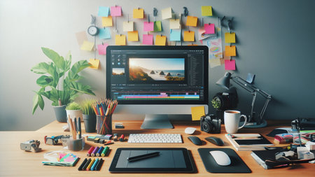 Creative designer desktop with blank screen computer monitor and other office supplies. Mock upの素材